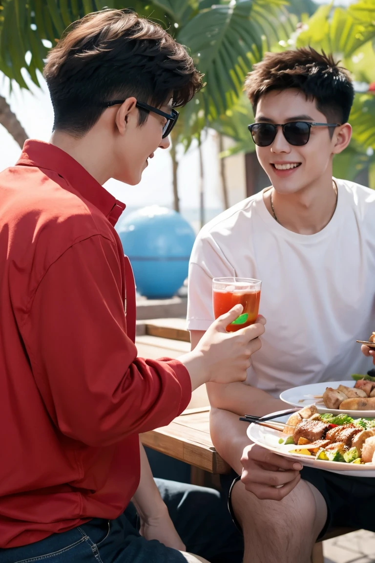 Two young Chinese men，Colored shirts and sunglasses，Eat kebabs and drink，Talking and laughing