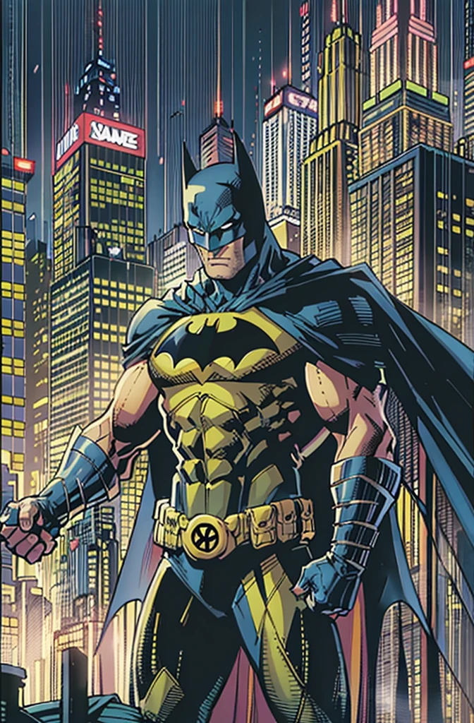illustration, absurdres, masterpiece, 1boy, jim lee ,batman, standing, night, city, male focus,serious, on roof,cape,black armor, serious, cowboy shot, heavy downpour, floating cape,90s cartoons ,marvel comic,The background is New York City,Professional comic style, prominent contour lines