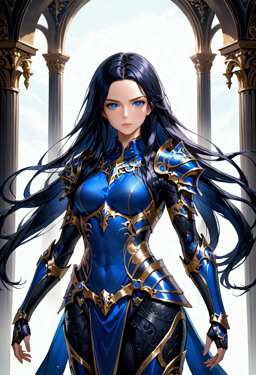 long black hair, dark blue eyes, tall athletic body,mature face,armor