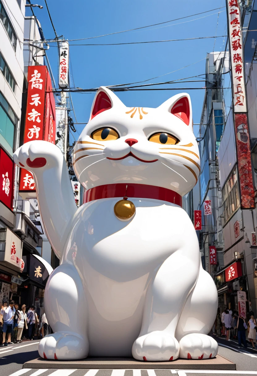 Highest quality, Highest quality, 16K, Unbelievably absurd, Very detailed, delicate and dynamic, Natural light, A giant ceramic beckoning cat figurine,  30m tall beckoning cat, Tokyo Japan 