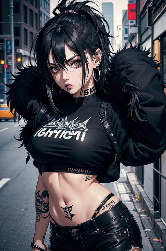 1woman, feminine, grunge messy black hair, black eyes, ear piercings, face piercings, tattoos, wearing black crop top, wearing punk fur jacket, night, high res, ultrasharp, 8k, masterpiece, looking at viewer