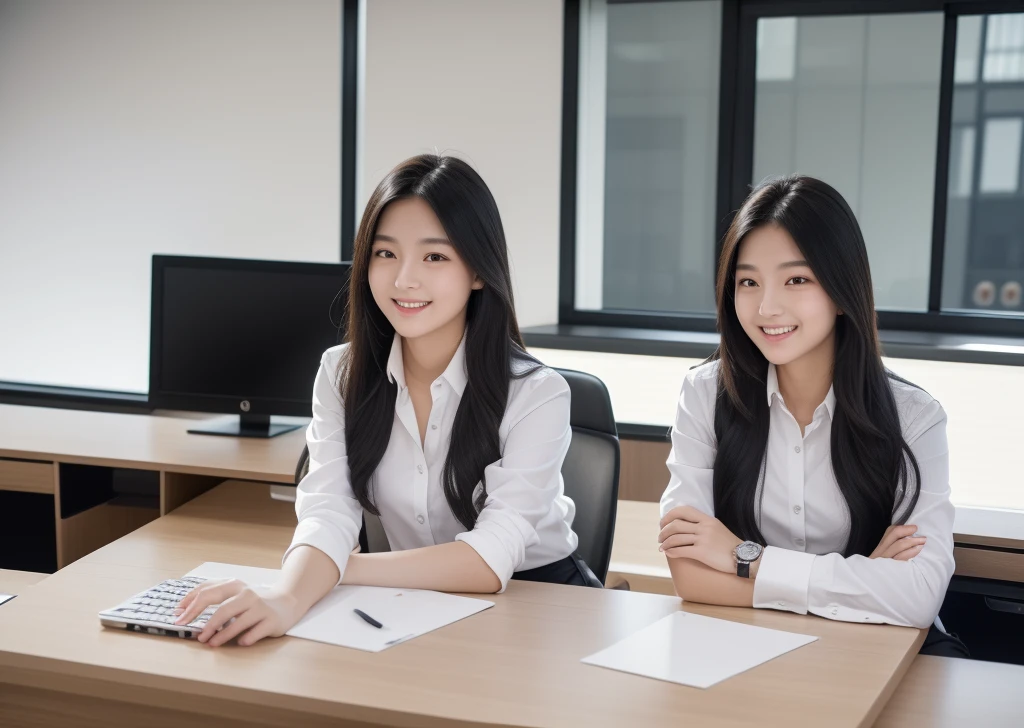 20-year-old women, Semi-long hair, Office Casual, White blouse, Black slacks, Smart Watches, In front of the computer, smile, conference room, Light pours in through the window, Modern Office, sense of cleanliness, Realistic