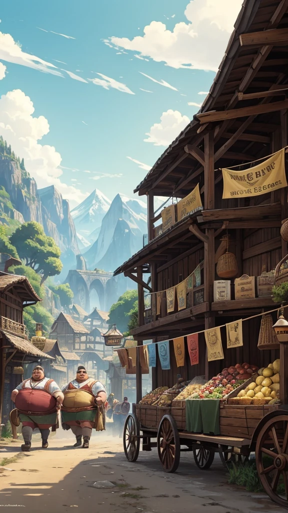 Game banner, a group of fat merchants on the road, next to the landscape, hanging money bags, next to a carriage carrying treasure chests, comic style