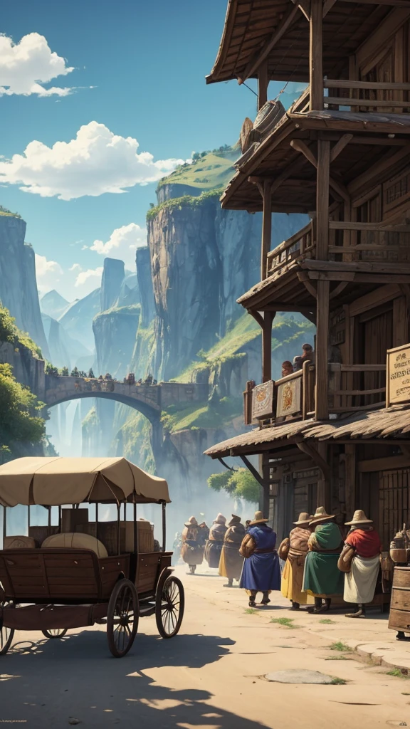 Game banner, a group of fat merchants on the road, next to the landscape, hanging money bags, next to a carriage carrying treasure chests, comic style