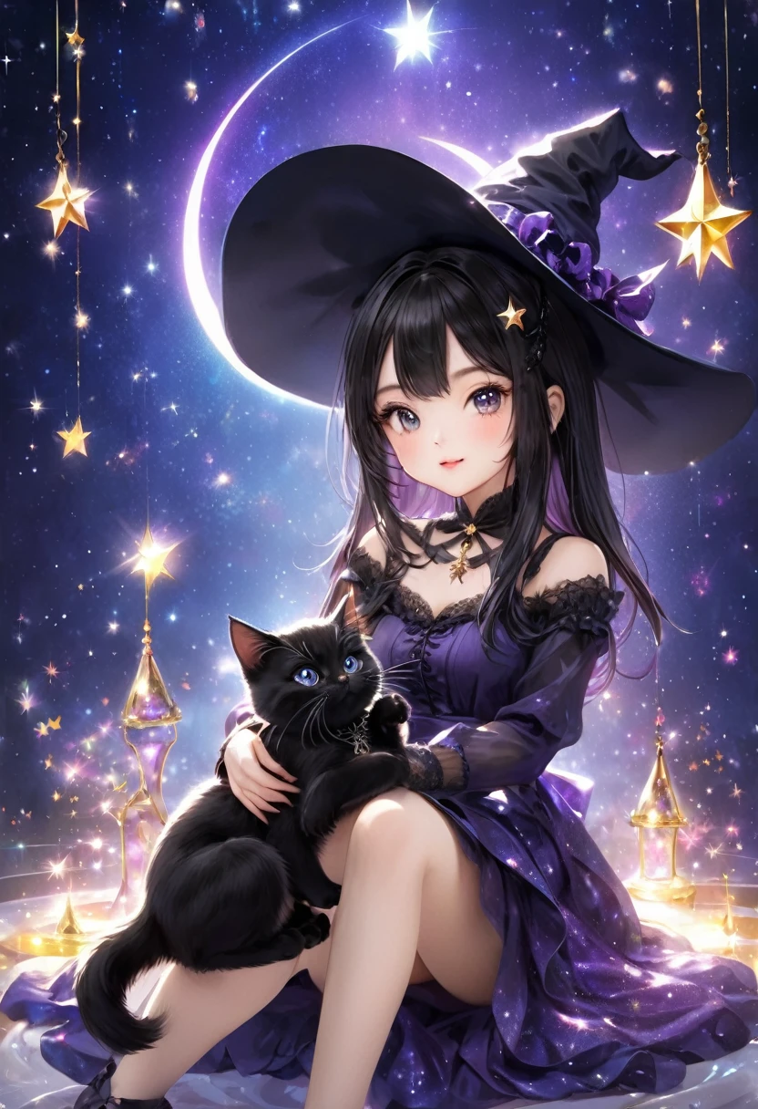 witch, Sitting elegantly and playing with a black kitten,glittering star々Background