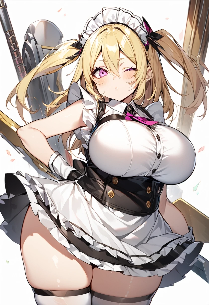 (One girl)、medium length hair、(sidelock)、((Blonde))、(slan eyes)、（boyish）、cute、(Big super breasts)、((Chubby))、Maid、No sleeve、mini skirt、White sleeveless、thigh-high socks thighhighs、(long gloves)、hairs between eyes、(coarse hair)、[flipped hair]、pink eye、expressionless、one eye closed、arm behind back、two side up、White Background、