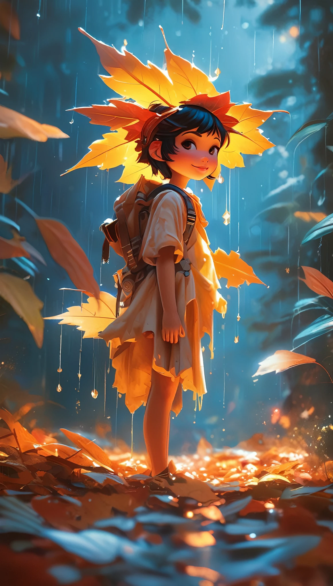 an autumn leaf pixie girl on a leaf in the rain, The agis man and the world of space adventure, photo realism, 8k resolution,, garden, trending on artstation, 4k, intricate details, highly detailed, pencil drawing, sketching, unreal engine, greg rutkowski, loish, rhads, beeple, makoto shinkai and lois van baarle, ilya kuvshinov, rossdraws, tom bagshaw, alphonse mucha, oil painting, heavy strokes, paint dripping, oil painting, heavy strokes, paint dripping