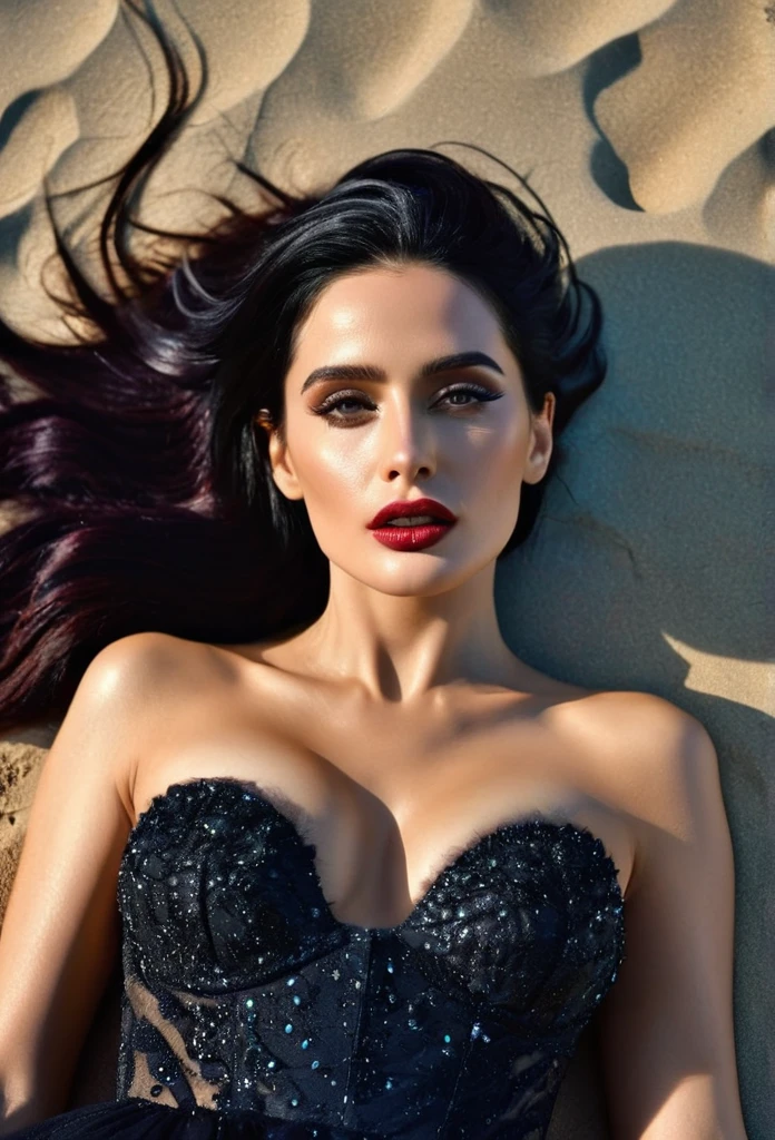 UHD, (1 girl), long dark black bun hair, big slim waist, ava max, bella poarch, olga buzova, violet myers, salma hayek, eva green, Jessica chastain year old female model, ayahausca, instagram model, lianna, sexy girl, the extremely hot and sexy, (8k, RAW photo, highest quality),(epic realistic:1.5), dynamic posture,erotic face (detailed eyes:0.8), (highest quality), (best shadow),intricate details,cinematic,((skin:1.4)) (hdr:1.5), detailed, masterpiece, RAW photo full-length portrait, captivating eyes, bright details, (high skin detail), (tint: 0.25), (dirty: 0.66), Key lighting, (backlight: 0.4), medium depth of field, Canon 5D, 50mm lens, f/4 aperture, (ultra-detailed, complex detail), sharp focus, 4k, absurd, 8mm film grain, flirting with camera, wearing a sexy dress, lying down on the beach on a sunny day with a crystal clear blue sea showing in the background