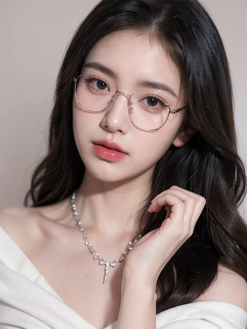 Top CG, Highest image quality, masterpiece, Gentle and beautiful girl, (185cm美女), (fit), Imperial sister, Queen temperament, White skin, Perfect facial features, Bright Eyes, Red lips, Beautiful and cold (A major breakthrough)), Beautiful and heroic, Soft and long hair, shiny, Lace, net, Visible through clear skin, wear glasses, ruby neckLace, (black off-shoulder tops), 8K Image Quality, (Realistic Portraits), Characters fill the screen, (Facial lighting), ((eternal)，Half frame glasses，Slightly tilt your head