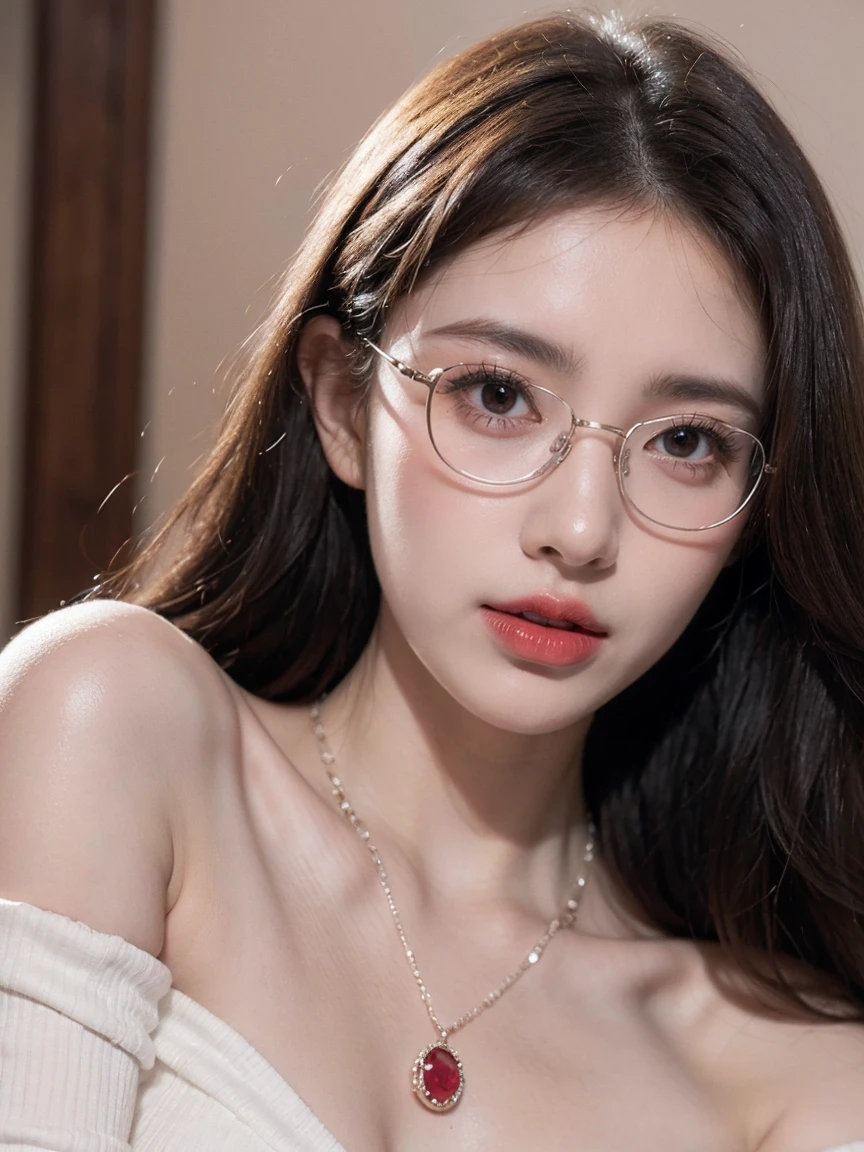 Top CG, Highest image quality, masterpiece, Gentle and beautiful girl, (185cm美女), (fit), Imperial sister, Queen temperament, White skin, Perfect facial features, Bright Eyes, Red lips, Beautiful and cold (A major breakthrough)), Beautiful and heroic, Soft and long hair, shiny, Lace, net, Visible through clear skin, wear glasses, ruby neckLace, (black off-shoulder tops), 8K Image Quality, (Realistic Portraits), Characters fill the screen, (Facial lighting), ((eternal),Half frame glasses,Slightly tilt your head