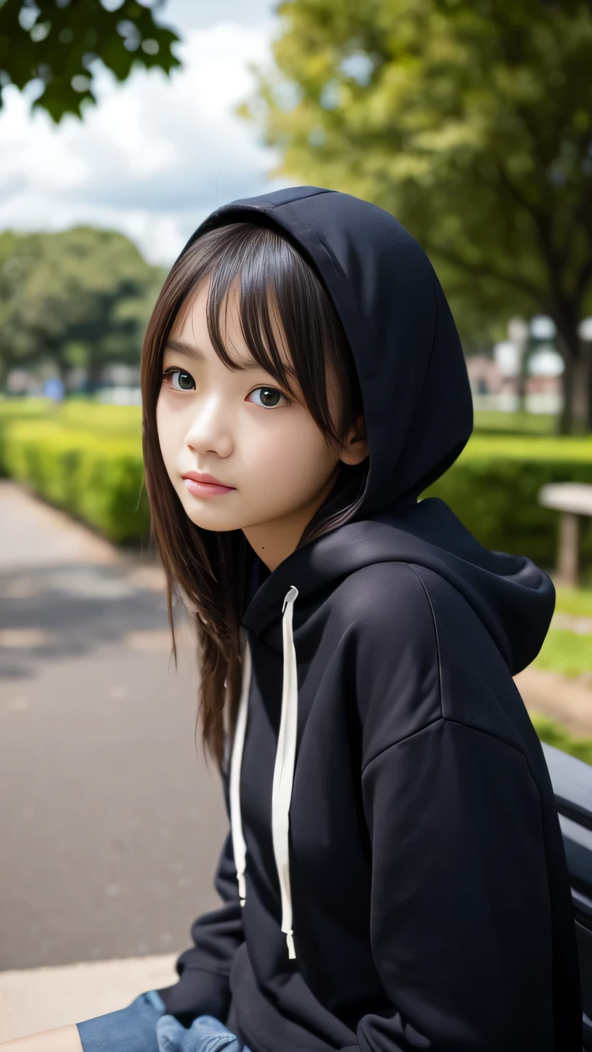 A slightly cloudy afternoon、On a bench in a lush park、A girl wearing a hoodie is sitting。Her hood completely covers her head.、Only a small part of the hair can be seen。Her eyes stared into the distance.、He seems lost in thought.。The breeze is blowing、The edge of the hood shakes gently.。