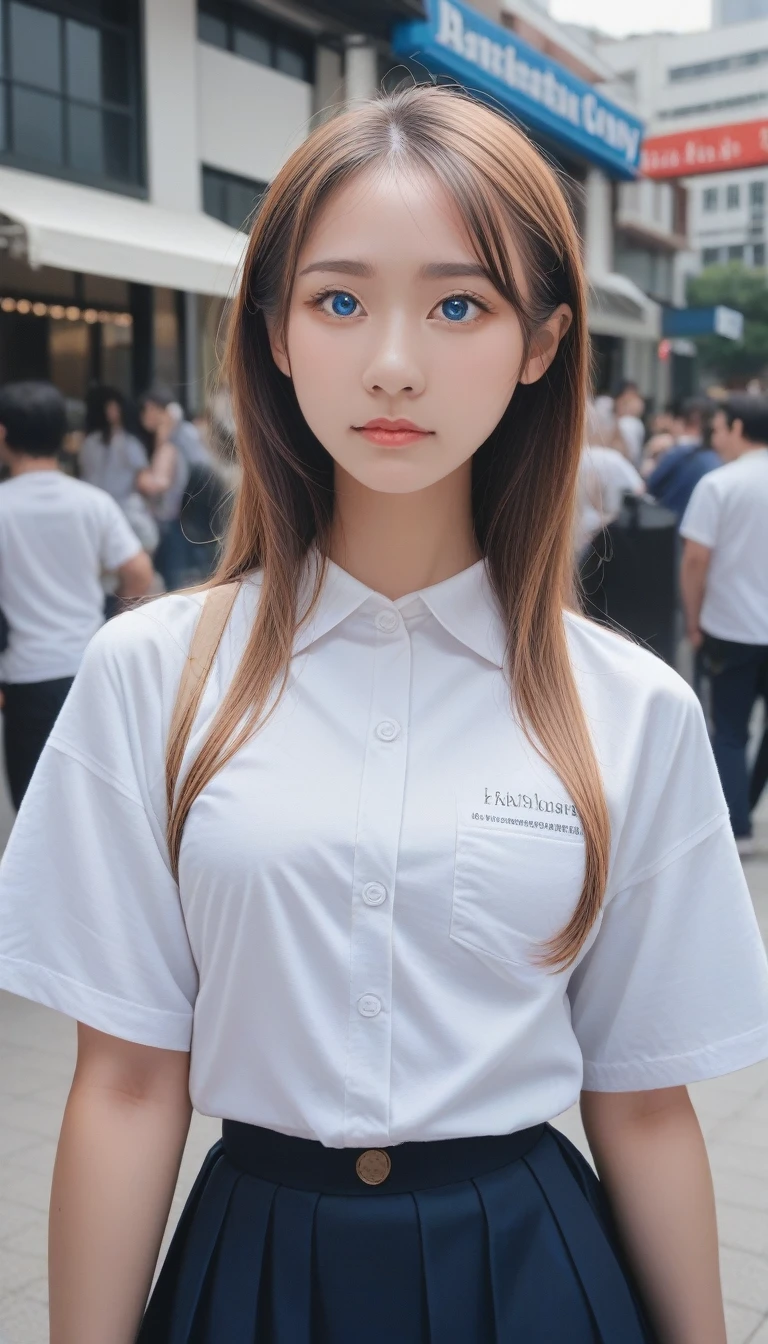 score_9_up, score_8_up, score_7_up, masterpiece, best quality, 8K, Photographic Reality, Practical, Octane Rendering, Bustling city streets in Japan (1 female: 1.4), (There is only one woman on the screen: 1.3), (White shirt), (Long blond hair), (Hip skirt), (blue eyes) Upper body display