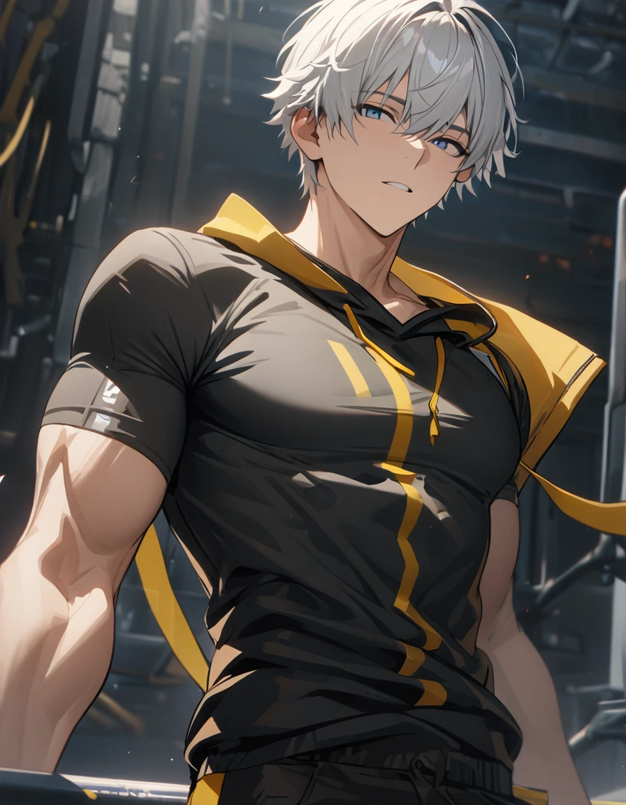 1 male, short hair, white hair, blue eyes, caelus clothes, (best quality,4k,highres,masterpiece:1.2), slightly muscular