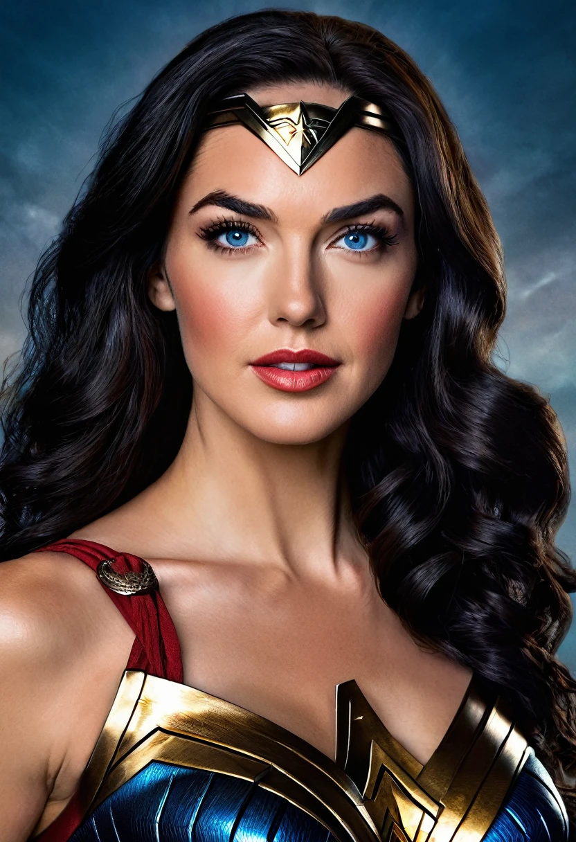 A portrait of DC Comics' Wonder Woman whose facial features are a combo of Gal Gadot + Adrianne Palicki + Lynda Carter. Wonder Woman has long black hair and blue eyes. Wonder Woman wears her DCEU costume. Wonder Woman has lovely makeup on her face. Symmetrical eyes. Symmetrical face. Great details. Photorealistic. Full-colored photo. Professional photo. Highly detailed 8K.