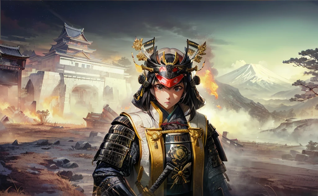 Female, (girls:1.5), (exceptional, best aesthetic, new, newest, best quality, anime, waifu:1.2), best quality, ultra detailed, absurdres, highres, colored, good anatomy, black hair, pretty face, Japanese Samurai armor, Samurai helmet, laurel leaves on helmet, swords, cape, Japanese castle, tree, snow mountain, fire,