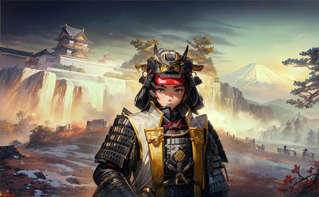 Female, (girls:1.5), (exceptional, best aesthetic, new, newest, best quality, anime, waifu:1.2), best quality, ultra detailed, absurdres, highres, colored, good anatomy, black hair, pretty face, Japanese Samurai armor, Samurai helmet, laurel leaves on helmet, swords, cape, Japanese castle, tree, snow mountain, fire,