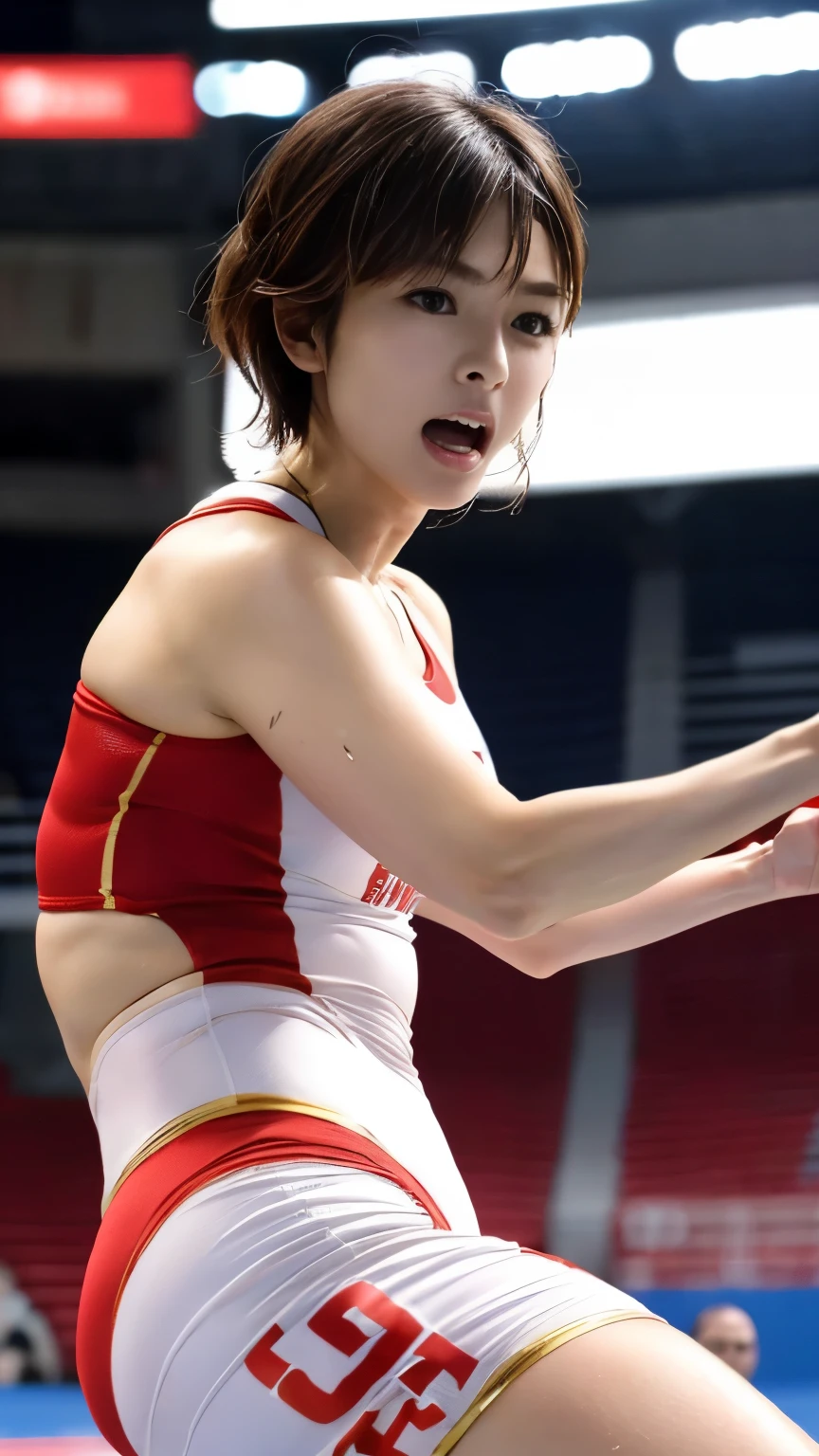 (((Perfect anatomy with careful and detailed depictions of the limbs, Consider the bending direction of the joints))),The stands are full of spectators,(((On the center floor of a large wrestling arena packed with spectators, a beautiful wrestler with outstanding style is facing his opponent seriously with a frown on his face.))),(((The uniform will be a red and white wrestling singlet with the JPN logo in large letters on the chest, as well as wrestling shoes.))),(((Capturing dynamic movement,写真にfull-body,A snapshot of wrestling as you grit your teeth and face your opponent))),((A beautiful wrestler wearing a white uniform with red lines and a necklace is holding her open hand towards her opponent and facing forward)),Sliding through the wind,Beautiful rolling form,Maximum speed,(((眉間にしわを寄せ歯軋りながら相手と組み合う動きの本質を捉えた側方からの4K動body撮影))),hurtle,Opponent tackles all-in-one on the waist,(A packed, enthusiastic crowd in the background:1.5),realistic and realistic,(masterpiece:1.5),Olympic concept art,Intricate details,Highly detailed and realistic,Octane Rendering,4K,Real engine,Dynamic pose, Highest quality,High resolution,(Realistic Face:1.1),(Splendid:1.1), ((full_body)),((Expressing the sense of dynamism emanating from the entire body)),slim,Muscular,Hard,A coke bottle body with a slim waist and big hips,(4K画面一杯に躍動する彼女),(Sweaty, glistening skin:1.2),(((The short bob is very cute))),(((Perfect hands))),(Highly detailed background),((They face off on a raised wrestling floor,Background of a stadium full of spectators)),((Beauty condensed into one girl)),((Beautiful eyes full of light,High quality eyes,High quality face)),(Wearing a necklace),(((The amount of sweat dripping down is dazzling))),(Her short chestnut hair flutters with her movements.),((Dramatic beauty)),Beautiful bokeh with deep depth of field,4K,Gothic,4K Digital SLR Camera,Fujifilm XT3 Style,(Delicate eyes and face),Professional perspective,Amazing details,Beauty condensed into one girl,繊細でHigh noseを持つ美しい顔,High nose, Clear sky-blue eyes that praise the light, Glossy Red Lips,(((Condensing beauty from another dimension into a single photograph))),
