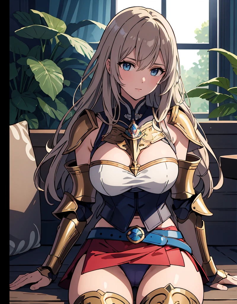 nsfw,Browsing Caution, Movie Scenes, Fantasy art, Best image quality, Surreal Portraits,(8k),Ultra-realistic,最high quality ,high quality, High resolution, high qualityの質感,Attention to detail, beautiful, detailed, Extremely detailed CG,detailedなテクスチャ,Realistic facial expressions, masterpiece, in front,dynamic,bold,1 girl, Yuki Mori:1.51 women, Age 25, Light brown hair, Long Hair, Up Bang Hair, Floating Hair, Highly detailed skin,curve,,beautiful胸,Mid-chest, Pale skin, Pointed Chest, Nipples,),{最high quality}, {とてもbeautiful}, {Super detailed}, {最高のAn illustration}, masterpiece,{{{{{Skirt Lift:1.5}}}}},{{{{{Showing off her blue panties:1.9}}}}},garter belt:1.2,((Holy Knight)), Smooth breastplate, ((Platinum Armor))、((((Extremely detailed and intricately decorated armor:1.1)))),Red Cowboy Shot,smooth udder、big 、(Golden Ratio,Tabletop, 最high quality, 最high quality, Official Art, beautifully、beautiful:1.2), Very detailed, colorful,最高のdetailed,An illustration, Great scene, Asheria Costume:1.5, Asheria Costume:1.5, mini skirt,Knee socks, Thighs, gem, Blue Belt,Belt number 1),Course of action, A look of contempt ,From below,Sitting:1.9,Spread your legs:1.9, Lift your legs:1.9,