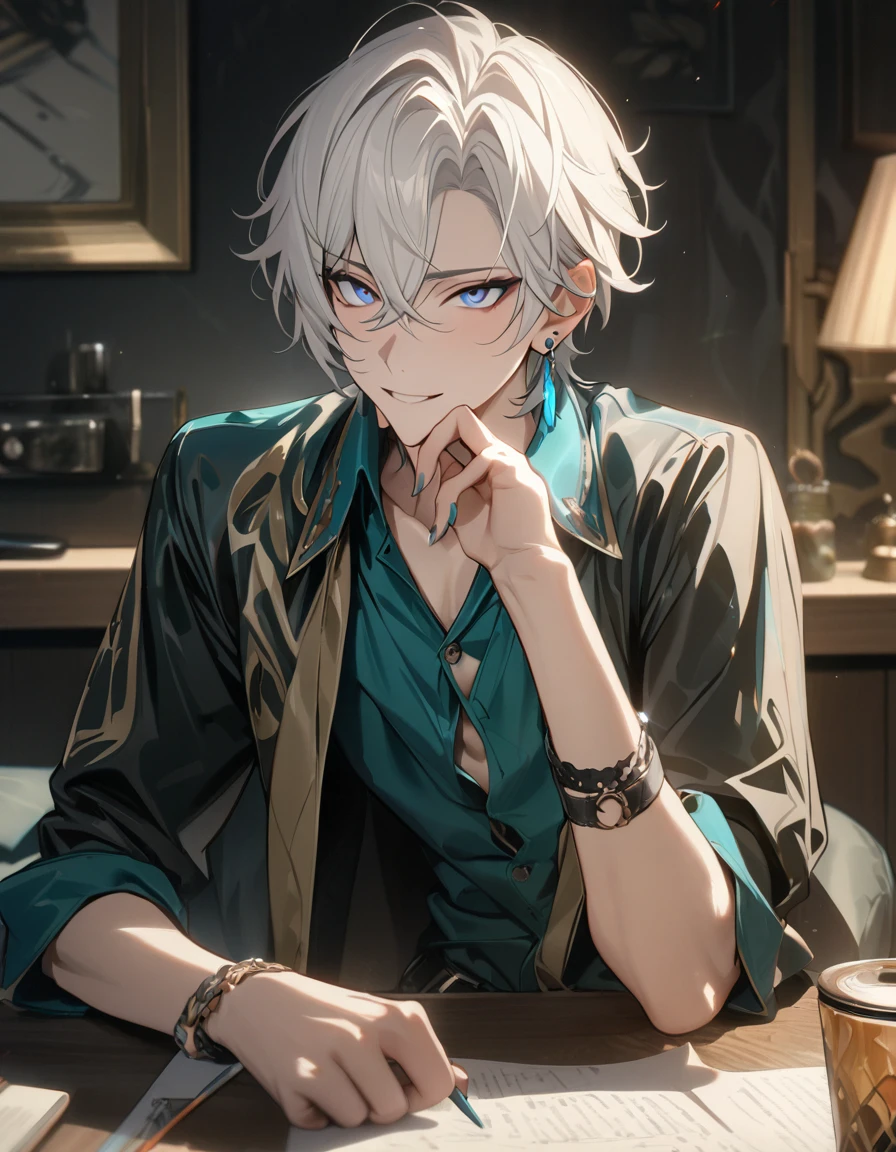 1 male, short hair, white hair, blue eyes, aventurine clothes, (best quality,4k,highres,masterpiece:1.2), teenager