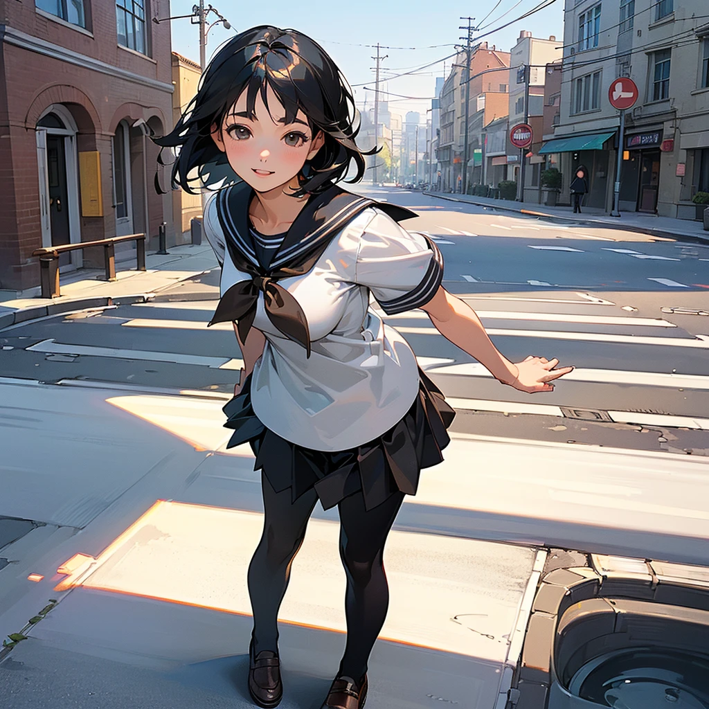 (Highest quality, High resolution, Super detailed, Realistic:1.37), Peaceful atmosphere, (Streetscape), Teenage girl standing alone,(my breasts are big.),Beautifully detailed features, Cute Smile, ((Black bob hair)),Short-sleeved sailor uniform, Pleated skirt,Black tights,Brown leather shoes.