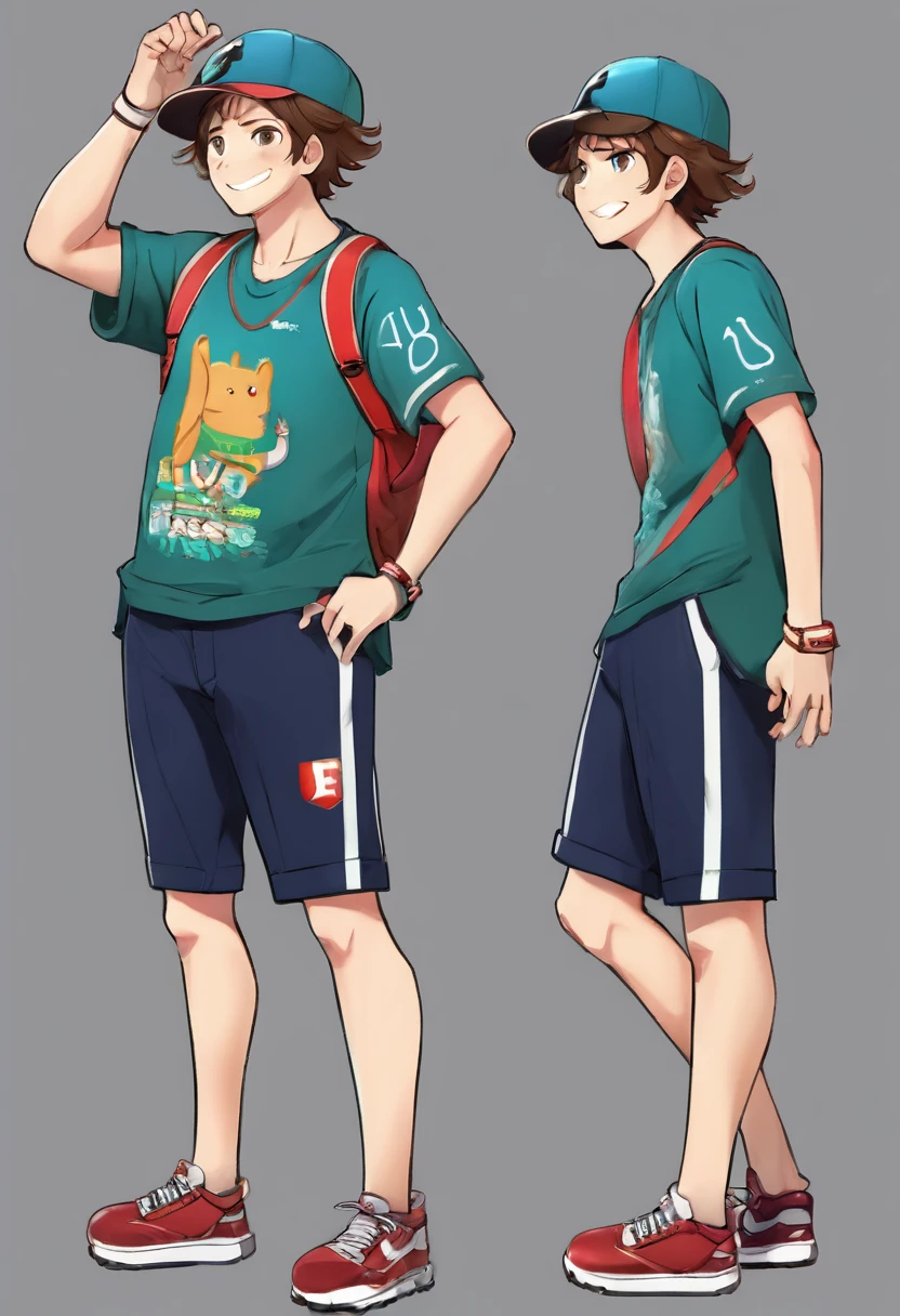 European and American cartoons, game characters, original designs, 1boy, male focus, hat, shirt, brown hair, smile, shoes, full body, wristband, open mouth, green shirt, pants, looking at viewer, standing, blue eyes, gradient background, grey background, , sneakers, gradient, t-shirt, male , baseball cap, short sleeves, simple background, fat, teeth, realistic,