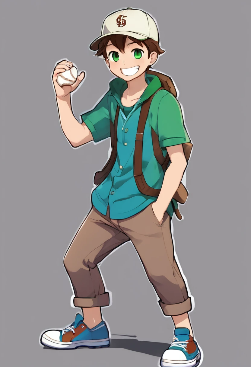 European and American cartoons, game characters, original designs, 1boy, male focus, hat, shirt, brown hair, smile, shoes, full body, wristband, open mouth, green shirt, pants, looking at viewer, standing, blue eyes, gradient background, grey background, , sneakers, gradient, t-shirt, male , baseball cap, short sleeves, simple background, fat, teeth, realistic,