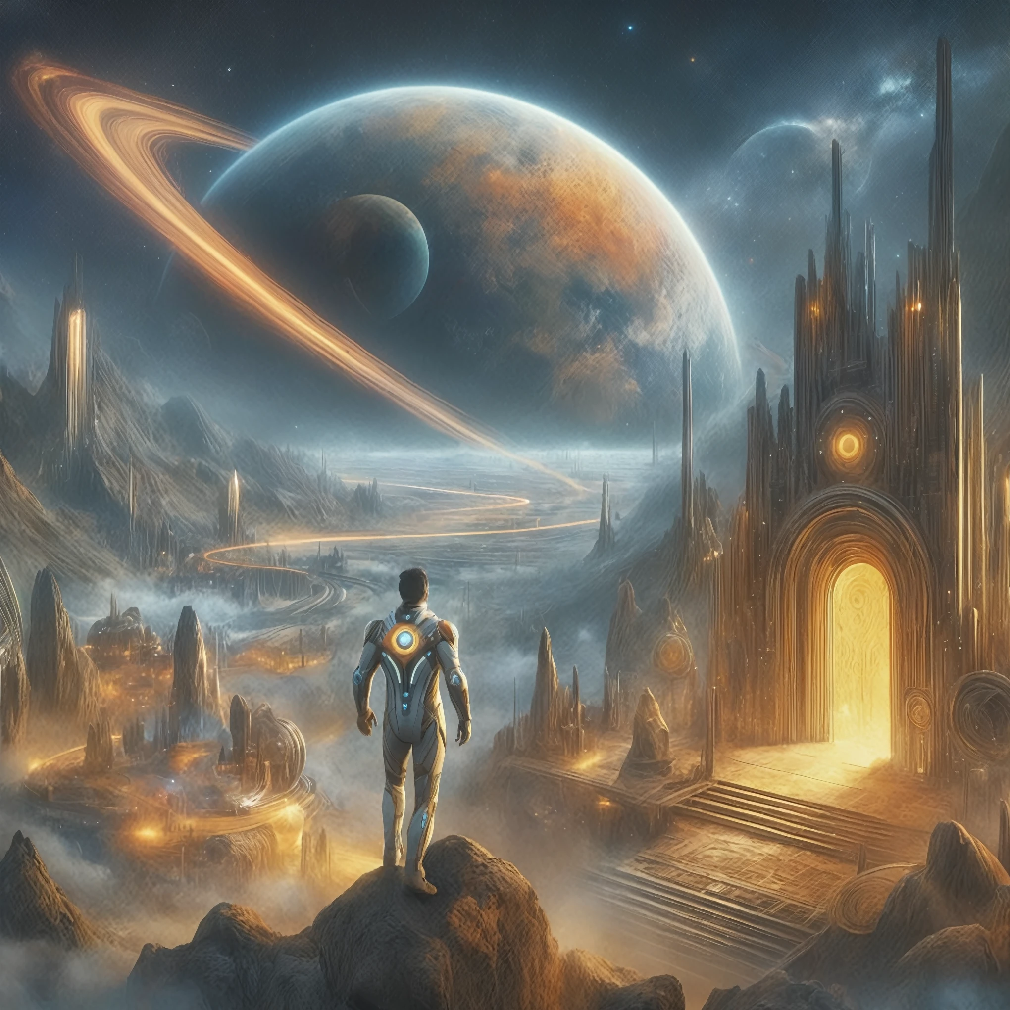The agis man and the world of space adventure, photo realism, 8k resolution,