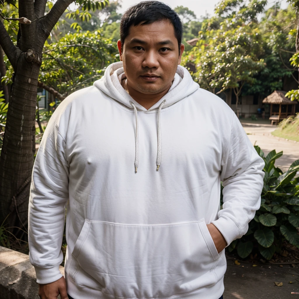 Medium shot of a 38 year old indonesian man fat body, oval face, white skin, nature skin, medium hair, wearing a hoodie