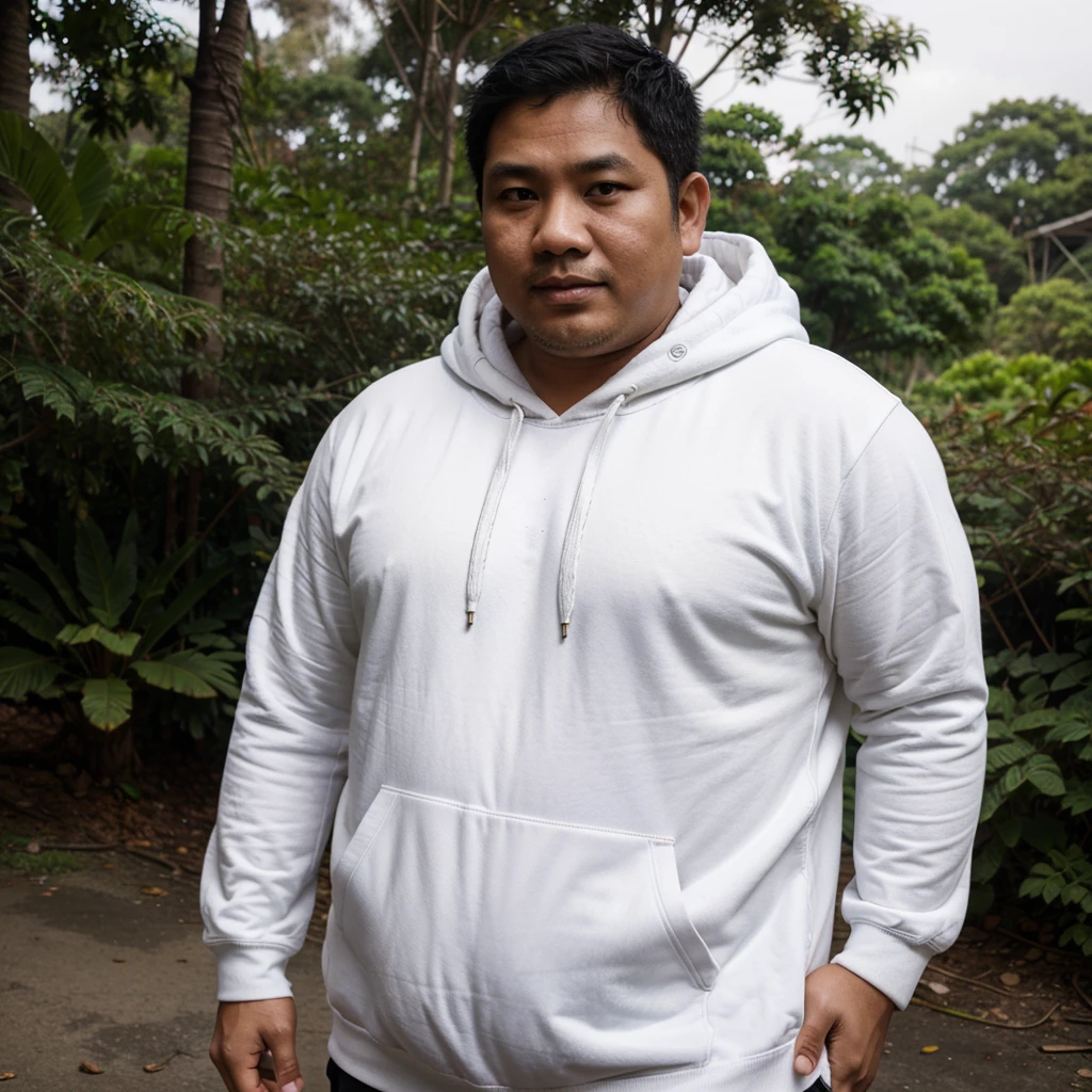 Medium shot of a 38 year old indonesian man fat body, oval face, white skin, nature skin, medium hair, wearing a hoodie