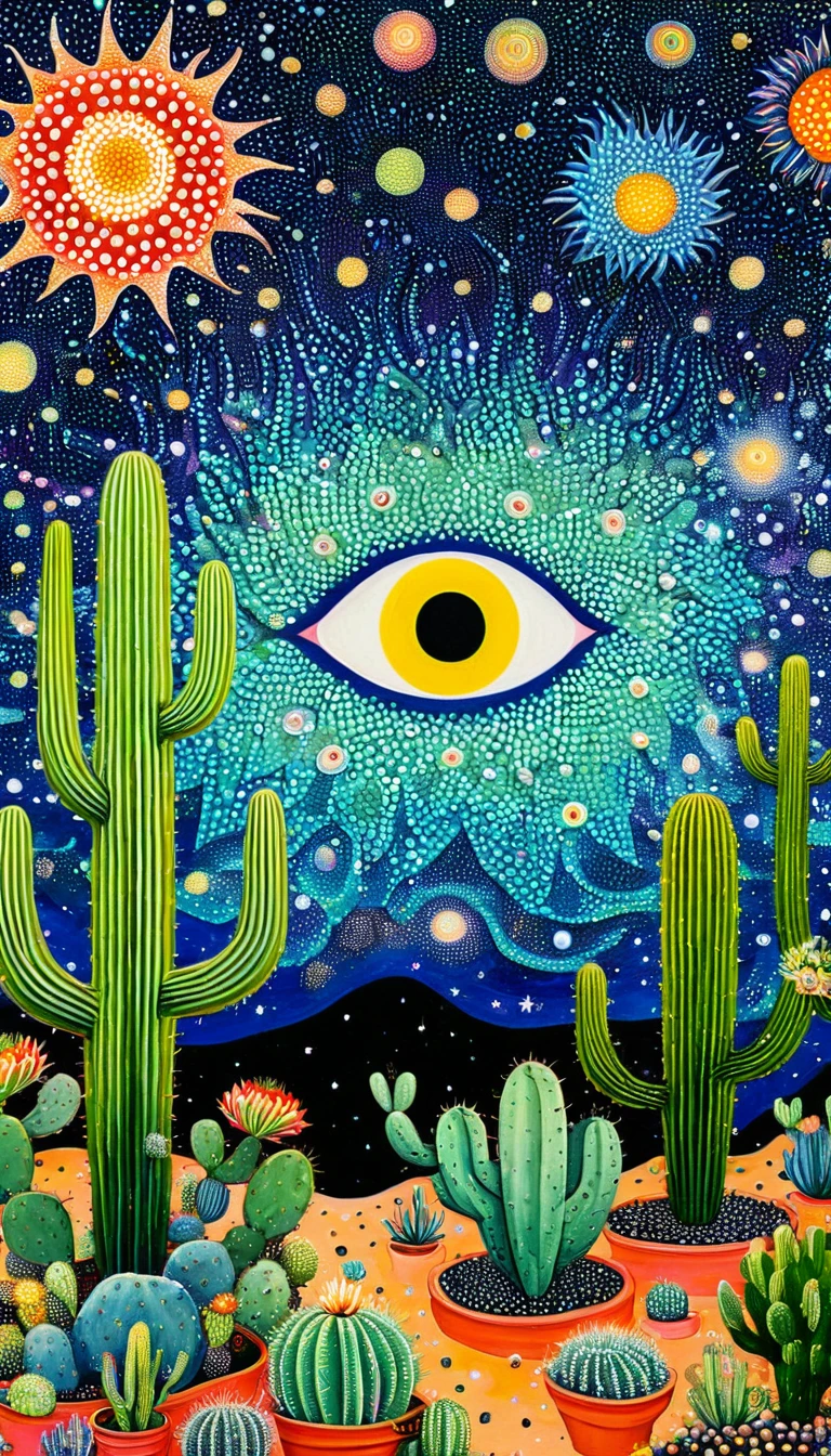 plantar、Marine life、Ojo、Starry sky,An abstract painting in the joint,Describing the inner world of autistic people,Cactus house、eye、Sense of space,blank space,Pointillism method,psychedelic art,interesting:1.5。Trypophobia