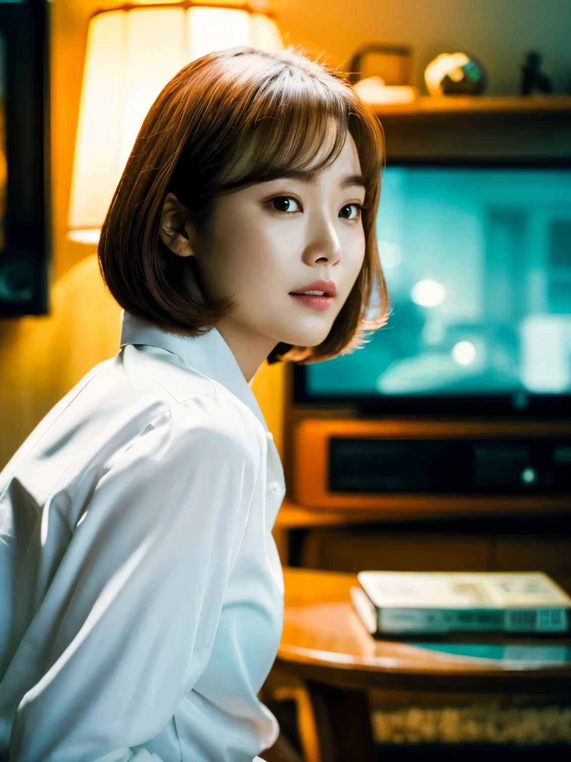 a close up of a woman with a white shirt on looking at a television, kwak ji young, cute korean actress, lee ji - eun, lee ji-eun, with short hair, female actress from korea, heonhwa choe, shin min jeong, hwang se - on, kim hyun joo, beautiful south korean woman, park ji-min