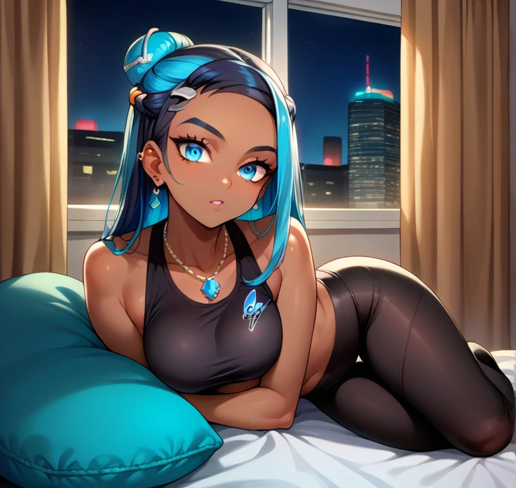 score_9, score_8_up,score_7_up, source_anime, 1girl, solo, EPpkNessa, blue eyes, black hair, blue hair, streaked hair, single hair bun, dark skin, dark-skinned female, necklace, ear piercing, black sports bra,leggings,bedroom, at a dark room, at night , city view from the window, gyaru,