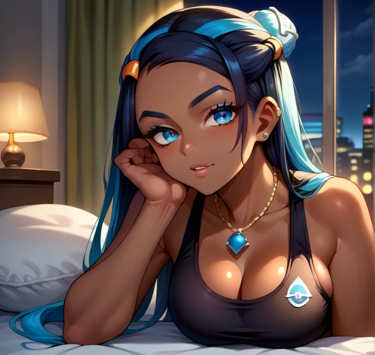 score_9, score_8_up,score_7_up, source_anime, 1girl, solo, EPpkNessa, blue eyes, black hair, blue hair, streaked hair, single hair bun, dark skin, dark-skinned female, necklace, ear piercing, black sports bra,leggings,bedroom, at a dark room, at night , city view from the window, gyaru,