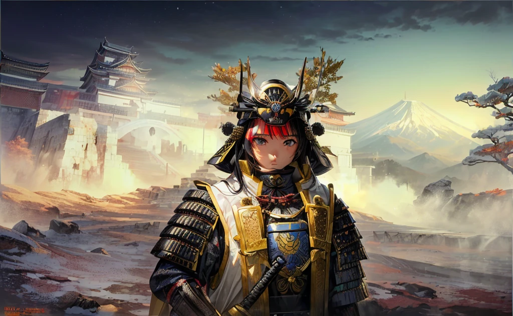 Female, (girls:1.5), (exceptional, best aesthetic, new, newest, best quality, anime, waifu:1.2), best quality, ultra detailed, absurdres, highres, colored, good anatomy, normal eyes, centered eyes, black hair, pretty face, Japanese Samurai armor, Samurai helmet, laurel leaves on helmet, swords, cape, Japanese castle, tree, snow mountain, fire,