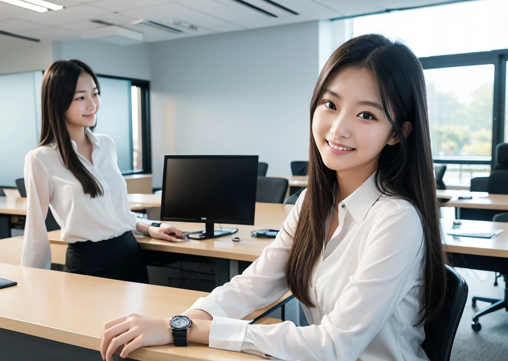 20-year-old women, Semi-long hair, Office Casual, White blouse, Black slacks, Smart Watches, In front of the computer, smile, conference room, Light pours in through the window, Modern Office, sense of cleanliness, Realistic