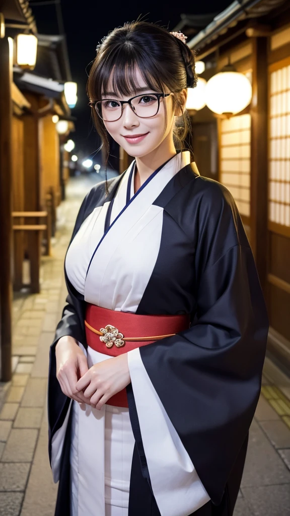 (Super beautiful woman in kimono)、((highest quality、8K masterpiece:1.3))、sharp focus:1.2、(super beautiful face:1.0)、(shiny skin:1.0)、realistic pictures、black hair、video lighting、High resolution eyes and face、video lighting、japanese actress、from the front、big breasts、with a happy smile、Slender abs beauty、whole body、wearing a kimono、in Kyoto、(((luxury obi)))、In Kyoto at night、wearing glasses with no edge、with a fan