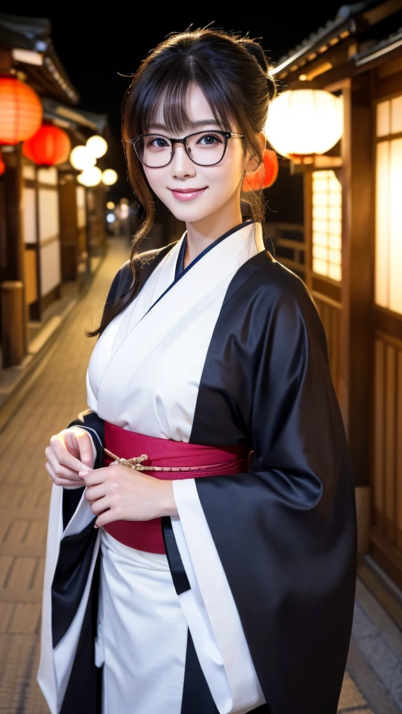 (Super beautiful woman in kimono)、((highest quality、8K masterpiece:1.3))、sharp focus:1.2、(super beautiful face:1.0)、(shiny skin:1.0)、realistic pictures、black hair、video lighting、High resolution eyes and face、video lighting、japanese actress、from the front、big breasts、with a happy smile、Slender abs beauty、whole body、wearing a kimono、in Kyoto、(((luxury obi)))、In Kyoto at night、wearing glasses with no edge、with a fan