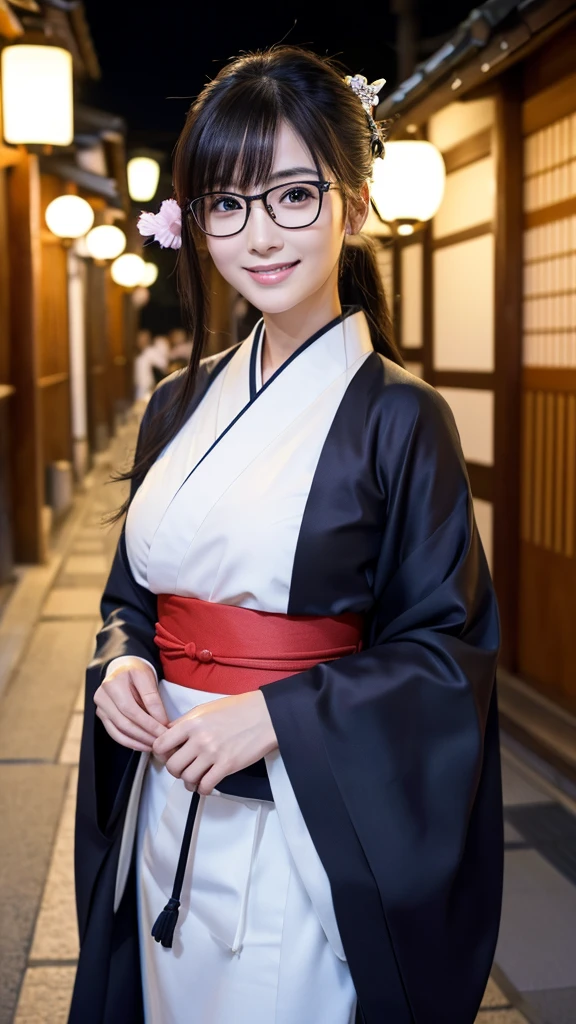 (Super beautiful woman in kimono)、((highest quality、8K masterpiece:1.3))、sharp focus:1.2、(super beautiful face:1.0)、(shiny skin:1.0)、realistic pictures、black hair、video lighting、High resolution eyes and face、video lighting、japanese actress、from the front、big breasts、with a happy smile、Slender abs beauty、whole body、wearing a kimono、in Kyoto、(((luxury obi)))、In Kyoto at night、wearing glasses with no edge、with a fan