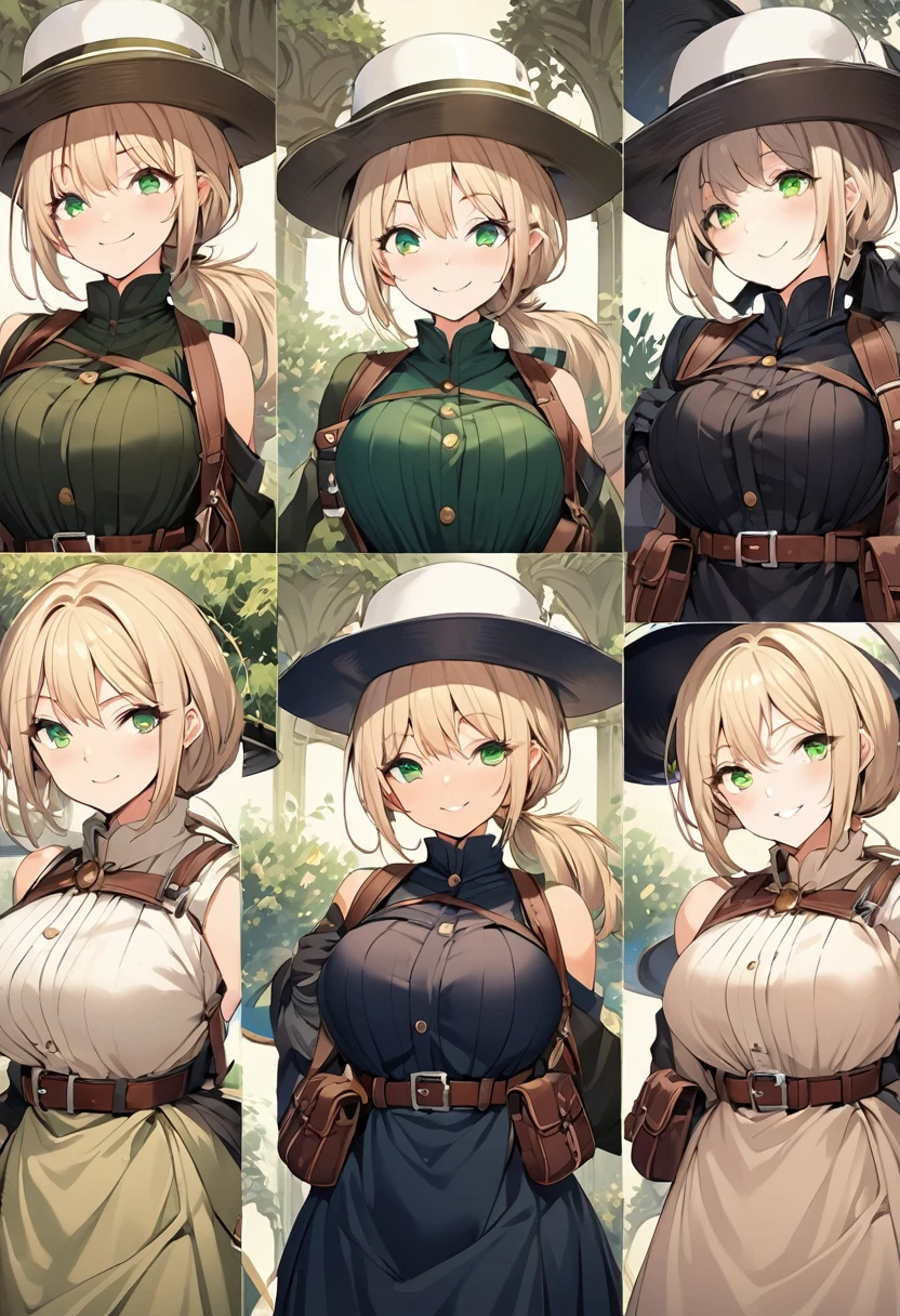 (((masterpiece; best quality: 1.2))), (finely detailed eyes: 1.3), (25 year old elf woman), (solo), (green eyes: 1.4), (body; big breasts, fit, femenine: 1.3), (silky blonde hair in low ponytail: 1.3), (beautiful and clear background: 1.2), ((depth of field)), (equipment: adventurer garb + modest + elegant wide-brimmed hat + dark blouse + dark cape + black long skirt + gloves + belt + pouches: 1.3), (anime illustration: 1.2), (background composition; royal garden: 1.1), (extremely fine and beautiful: 1.1), (shot composition; standing + centered on torso + close-up: 1.5), (expression; calm, smile: 1.2)