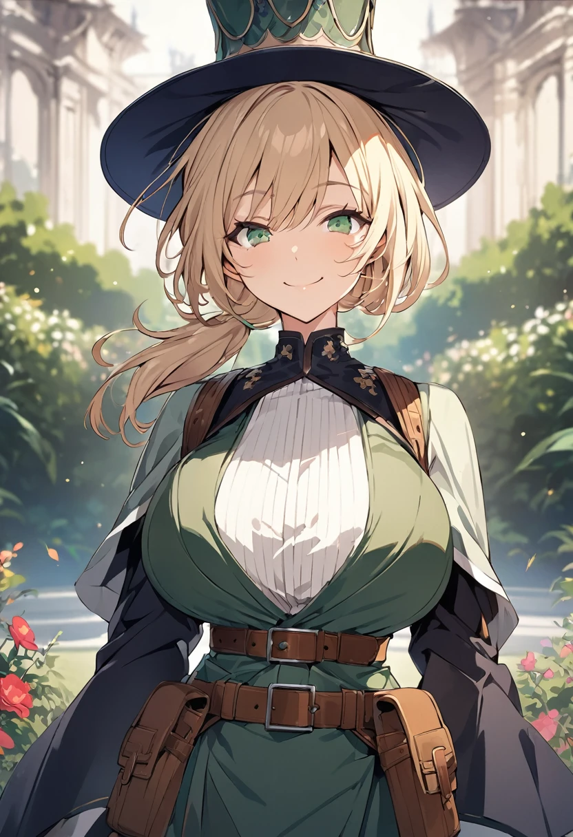 (((masterpiece; best quality: 1.2))), (finely detailed eyes: 1.3), (25 year old elf woman), (solo), (green eyes: 1.4), (body; big breasts, fit, femenine: 1.3), (silky blonde hair in low ponytail: 1.3), (beautiful and clear background: 1.2), ((depth of field)), (equipment: adventurer garb + modest + elegant wide-brimmed hat + dark blouse + dark cape + black long skirt + gloves + belt + pouches: 1.3), (anime illustration: 1.2), (background composition; royal garden: 1.1), (extremely fine and beautiful: 1.1), (shot composition; standing + centered on torso + close-up: 1.5), (expression; calm, smile: 1.2)