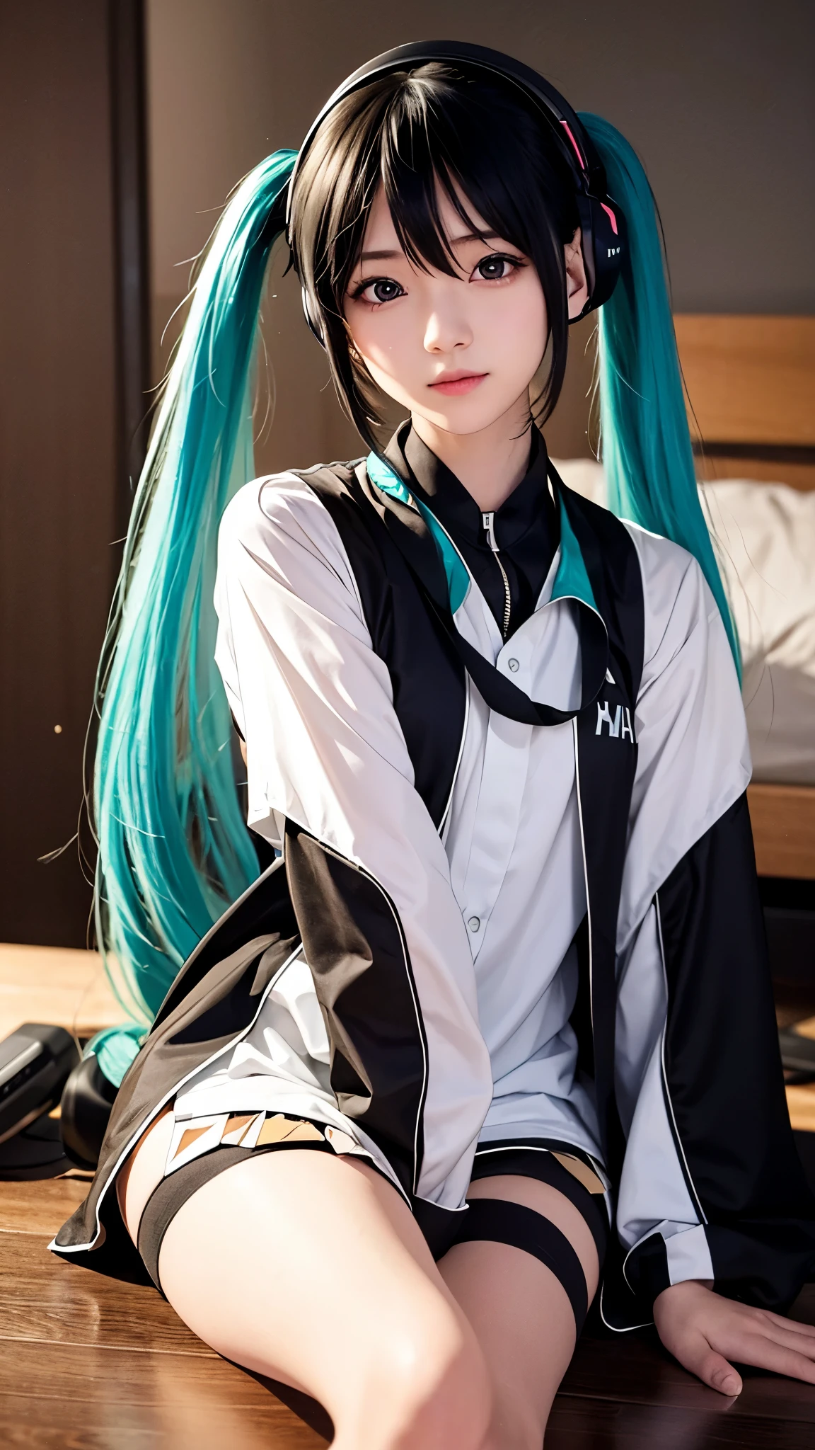 Hatsune Miku Cosplay、Black Hair、Short Hair、The hair is very short、Twintails、I have headphones on、40 years old、Singing on a microphone、flat chest、Realistic photos、Realistic、8K quality、No bangs、The background is simple、Full body shot