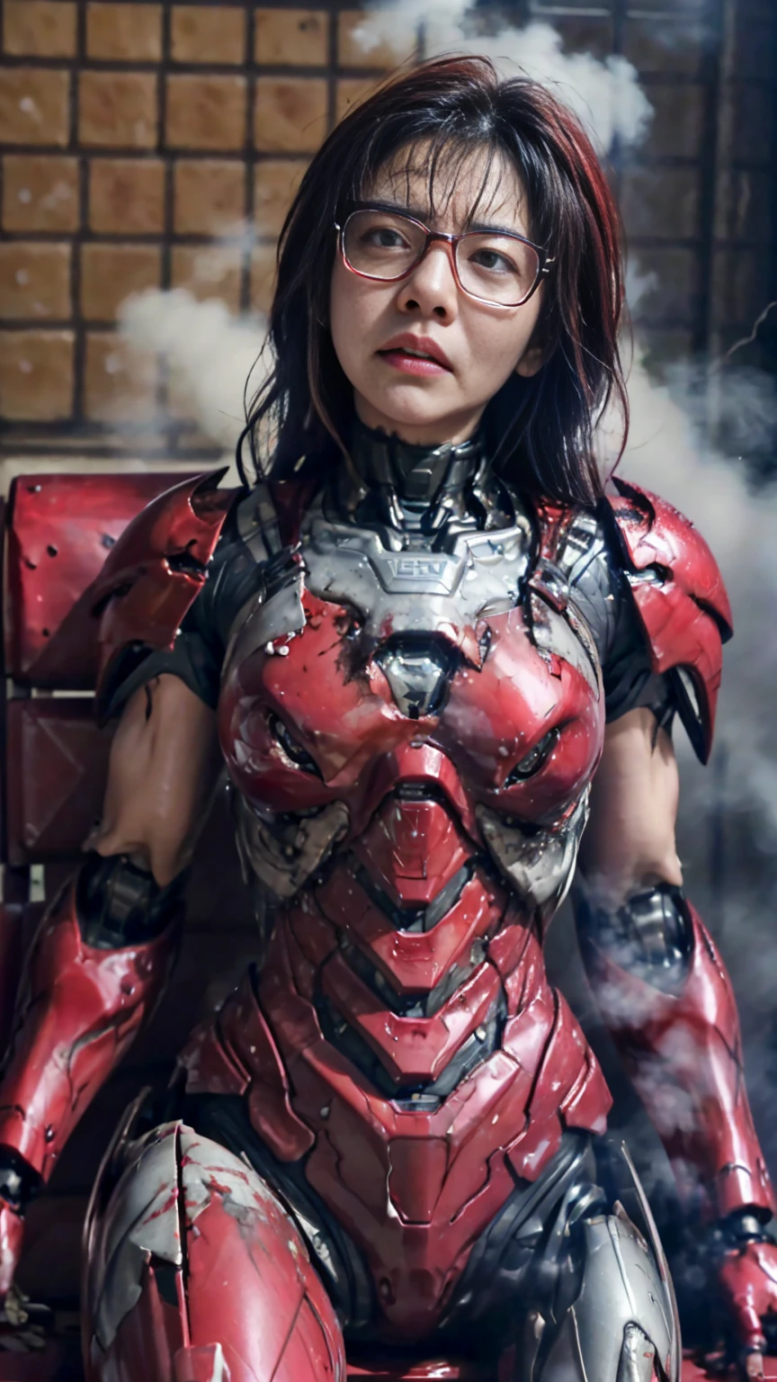 Rough skin, Very detailed, Advanced Details, high quality, 最high quality, High resolution, 1080P 、Bleeding from the wound、Red Armor、Wearing red and black、cute((Serious damage to the whole body))(Wearing a damaged female robot suit...)(Red Armor)(Broken Armor)Black Hair、Glasses、Chiquita、Soaking wet、Open your mouth、Sweaty face、It hurts again、cute、knock down、Droolinging from the mouth、Female college student　　(Steam coming out of the face) ((Steam from the body)) Sit on a chair　Touching the vagina　Drooling　look up　suffering　Filming locations　Remove the helmet　
