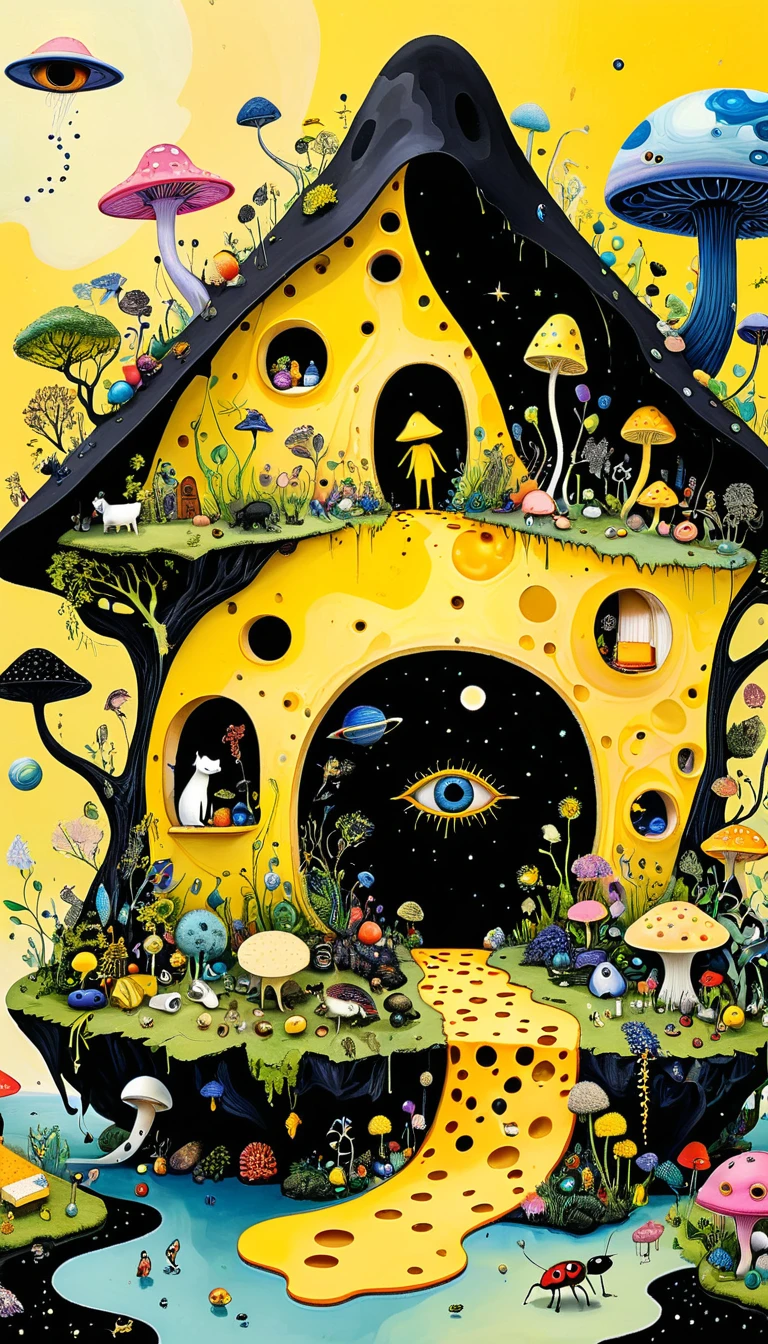 Intense visual fusion of various elements，broto，microorganism、plantar、Cheese house、Eye、wild animal life，Stitching an abstract painting，Describing the inner world of autistic people，Sense of space，blank space，interesting，innocence，psychedelic art，blue and yellow and black,