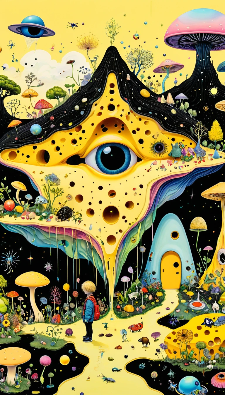 Intense visual fusion of various elements，broto，microorganism、plantar、Cheese house、Eye、wild animal life，Stitching an abstract painting，Describing the inner world of autistic people，Sense of space，blank space，interesting，innocence，psychedelic art，blue and yellow and black,