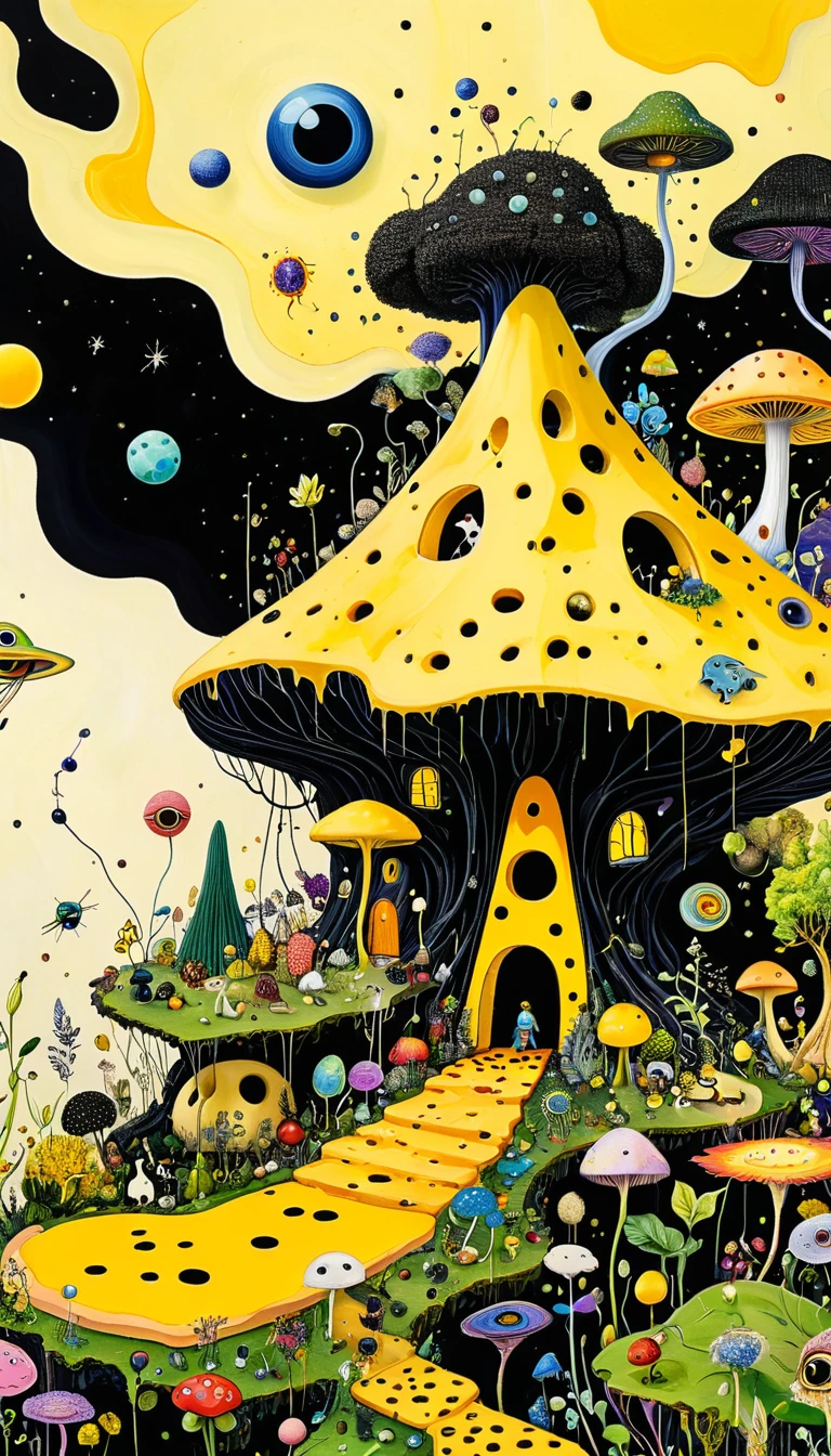 Intense visual fusion of various elements，broto，microorganism、plantar、Cheese house、Eye、wild animal life，Stitching an abstract painting，Describing the inner world of autistic people，Sense of space，blank space，interesting，innocence，psychedelic art，blue and yellow and black,