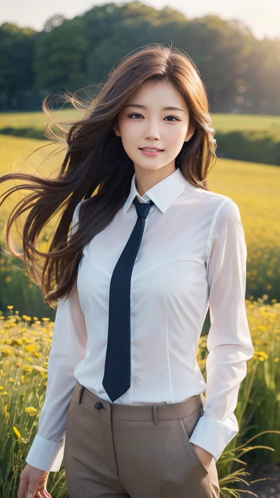 highest quality、genuine、Super detailed、finely、High resolution、8k wallpaper、one beautiful woman、、、light brown disheveled hair、wearing a business suit、sharp focus、perfect dynamic composition、beautiful and detailed eyes、thin hair、Detailed genuine skin texture、smile、model body shape、In a windswept meadow