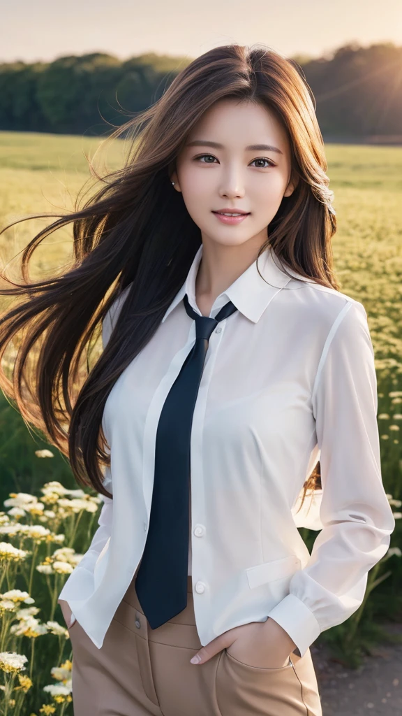 highest quality、genuine、Super detailed、finely、High resolution、8k wallpaper、one beautiful woman、、、light brown disheveled hair、wearing a business suit、sharp focus、perfect dynamic composition、beautiful and detailed eyes、thin hair、Detailed genuine skin texture、smile、model body shape、In a windswept meadow
