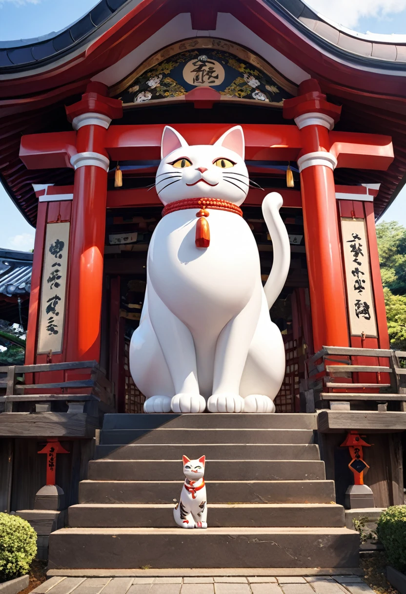 Highest quality, Highest quality, 16K, Unbelievably absurd, Very detailed, delicate and dynamic, Natural light, A giant ceramic beckoning cat figurine,  30m tall beckoning cat, shrine