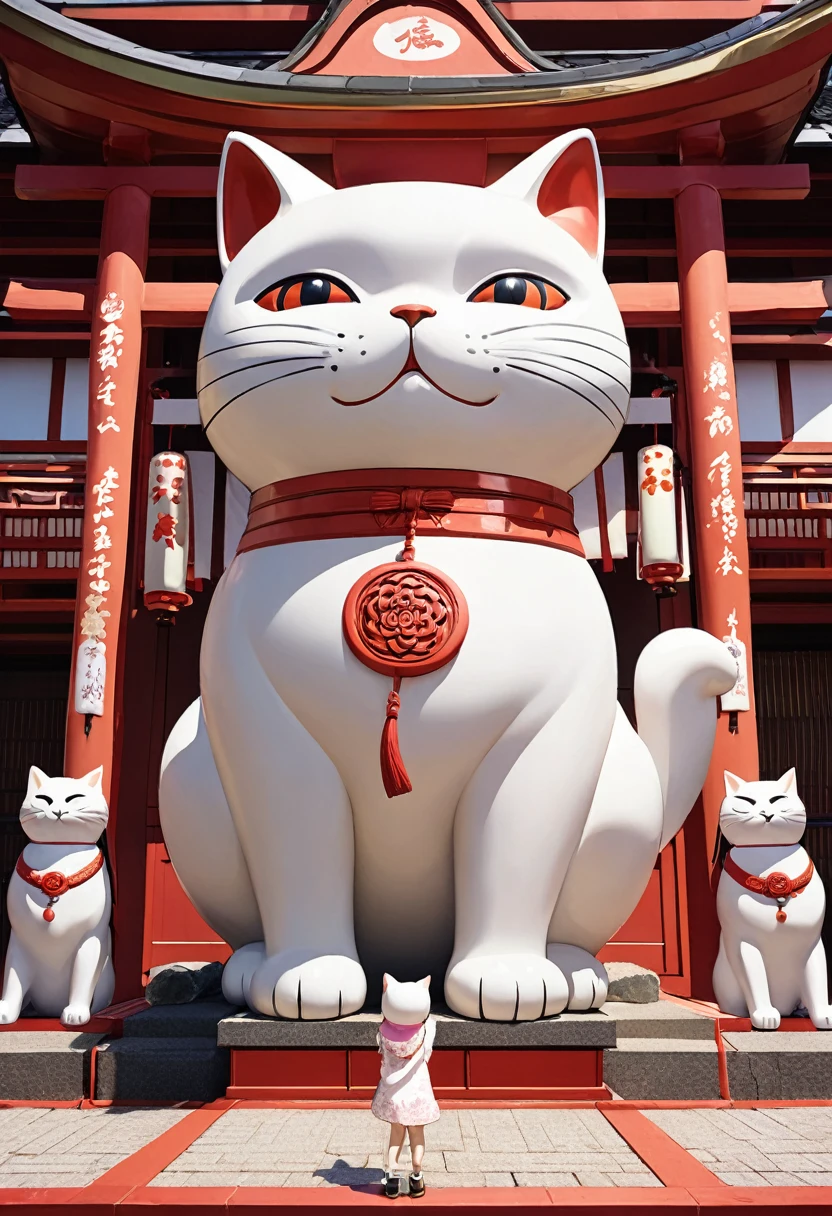 Highest quality, Highest quality, 16K, Unbelievably absurd, Very detailed, delicate and dynamic, Natural light, A giant ceramic beckoning cat figurine,  30m tall beckoning cat, shrine