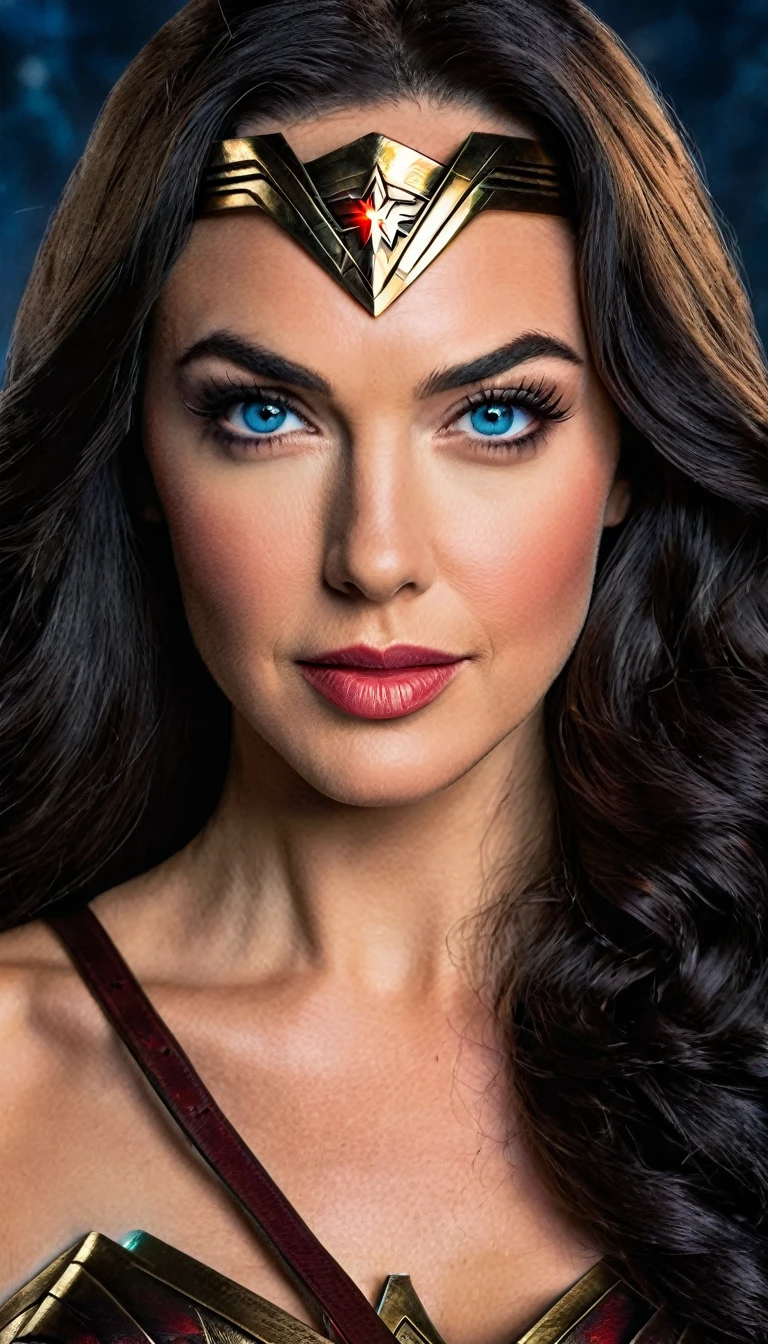 A portrait of DC Comics' Wonder Woman whose facial features are a combo of Gal Gadot + Adrianne Palicki + Lynda Carter. Wonder Woman has long black hair and blue eyes. Wonder Woman wears her DCEU costume. Wonder Woman has lovely makeup on her face. Symmetrical eyes. Symmetrical face. Great details. Photorealistic. Full-colored photo. Professional photo. Highly detailed 8K.